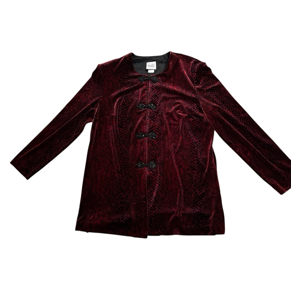 R&M Richards Velvet Jacket Red Black Pattern | Size 18 Dressy Evening Coat